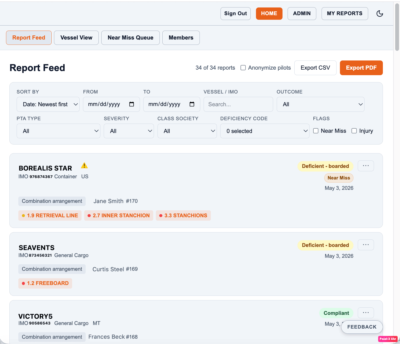 LadderWatch admin portal Report Feed showing filters, exports, and recent reports