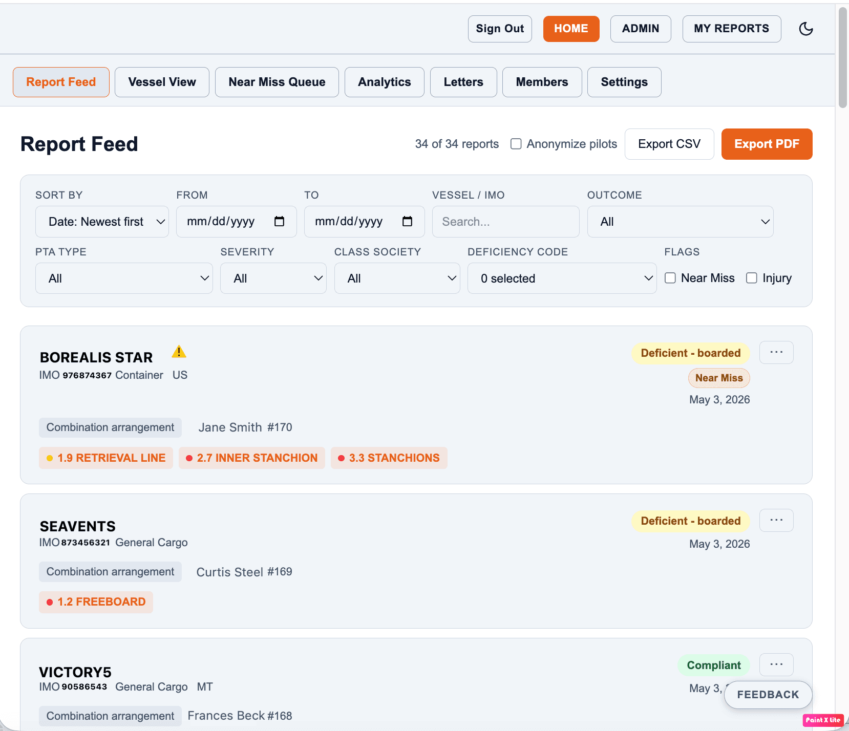 LadderWatch admin portal Report Feed showing filters, exports, and recent reports