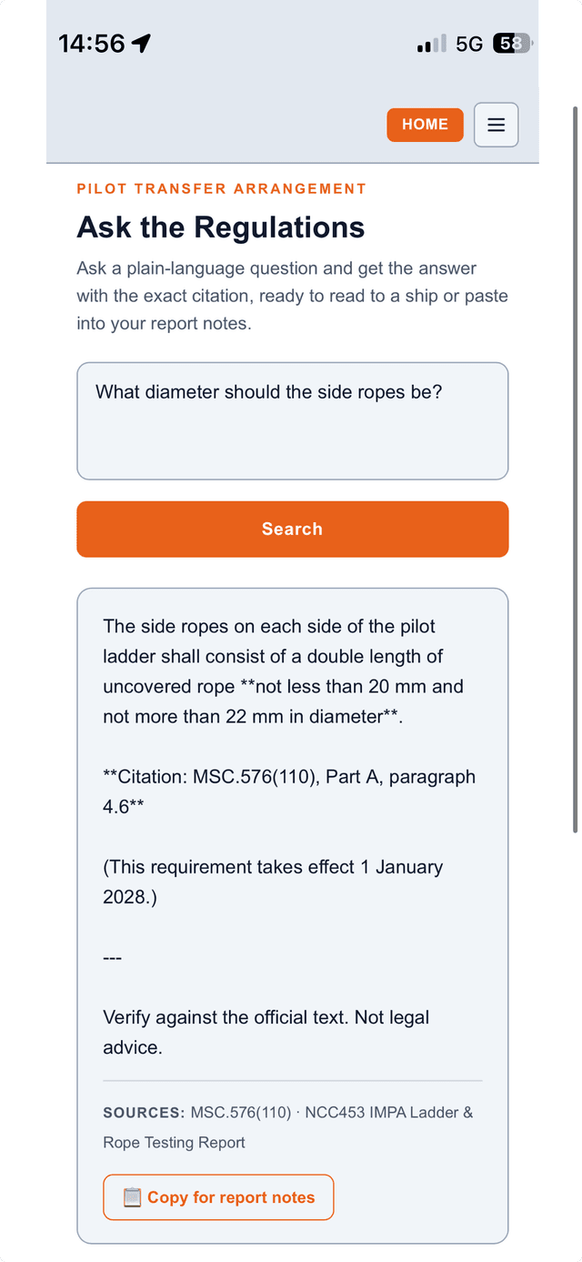 LadderWatch Ask Regs feature answering a plain-language question about side rope diameter with the exact requirement and citation