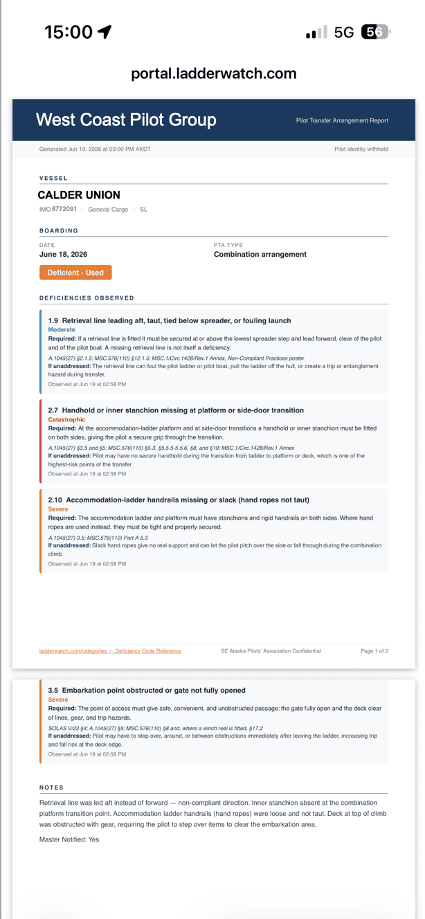 LadderWatch generated PDF report for the vessel CALDER UNION, listing each deficiency with the regulation it breaks, what is required, and the consequence