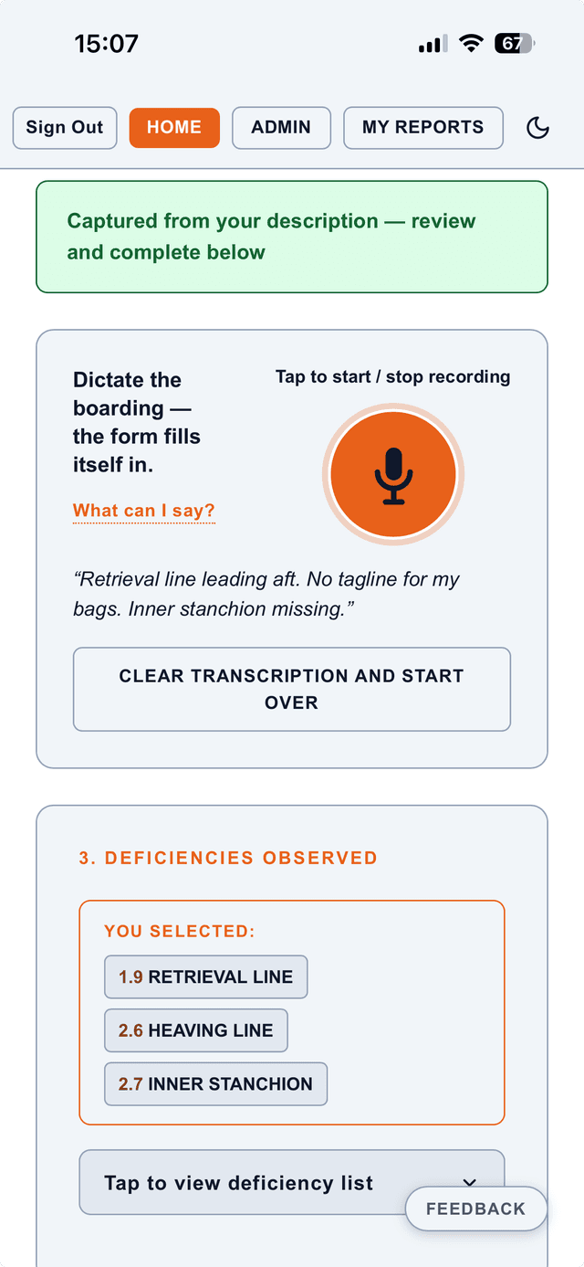LadderWatch voice intake showing transcription and auto-selected deficiency codes